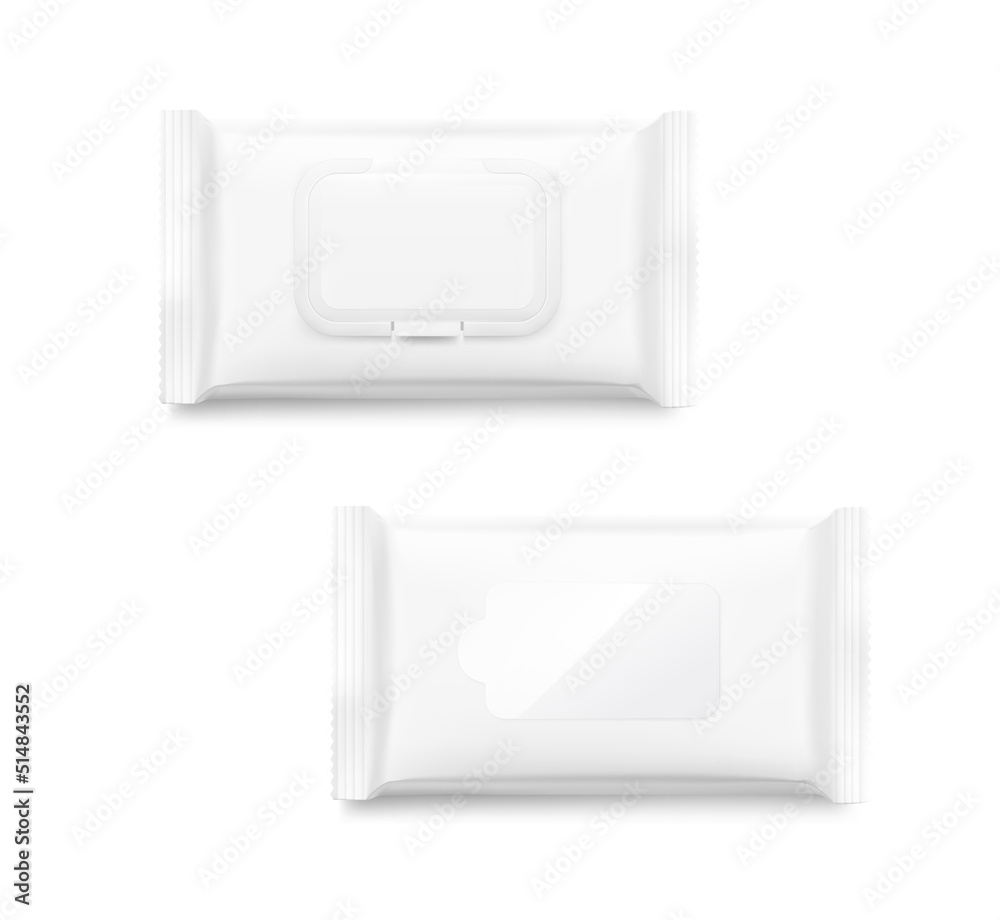 Hyper realistic wet wipes flow pack set mockup. Vector illustration isolated on white background. Ready for your design. EPS10 Hyper realistic wet wipes flow pack set mockup. Vector illustration isolated on white background. Ready for your design. EPS10