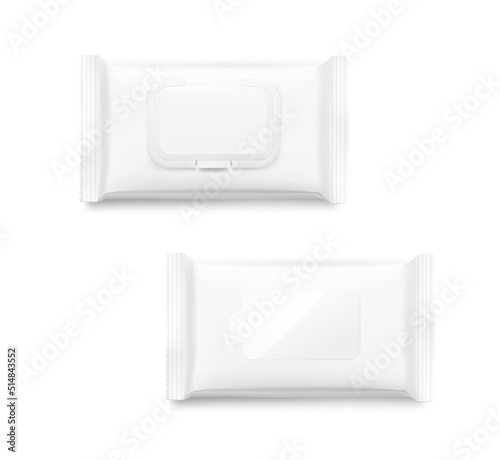 Hyper realistic wet wipes flow pack set mockup. Vector illustration isolated on white background. Ready for your design. EPS10