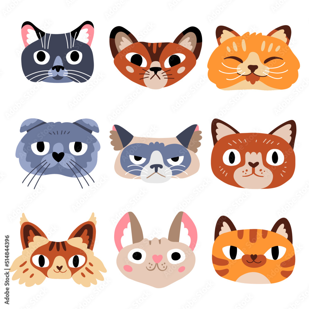 Vector illustration of funny emotional cat faces. Animal portraits for stickers, masks, icons, avatars, social media. Expressive pet characters. Cat day. Flat hand drawn cartoon vector illustration