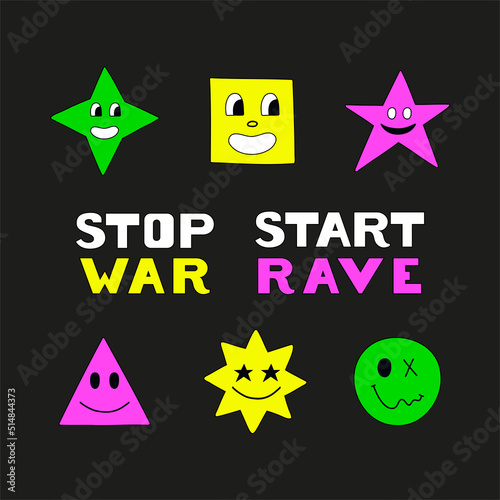 Psychedelic trippy acid rave postcard. Trendy abstract smiles and quote in cartoon style. 60s, 70s, hippie design.
