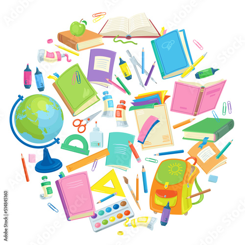 Set of school and office supplies arranged in a circle. Items for children's education. In cartoon style. Isolated on white background. Vector flat illustration