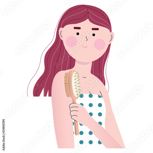 Young woman massaging her body with brush on white background