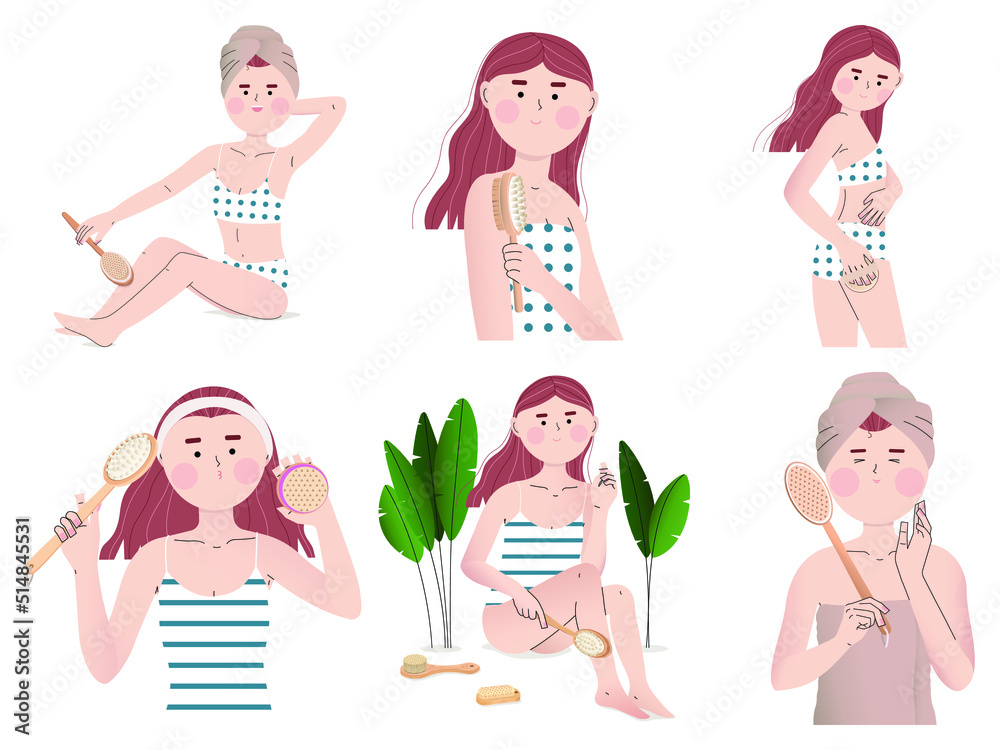 Set of young woman with different body brushes on white background Set of young woman with different body brushes on white background