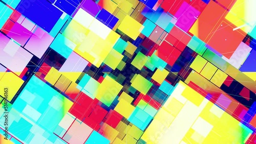 Motion graphic, camera fly throungh abstract art space, multilayer structure with pattern and particles. Glow rectangles, streaks and lines. Rainbow gradient color. Motion design vj loop. 3d structure photo