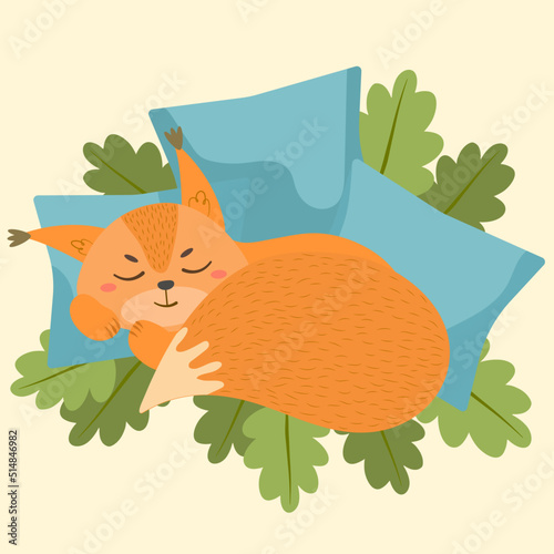 Cute sleeping little squirrel.Hand drawn vector illustration for for nursery decoration,birthday card, poster, invitation, postcard, kids clothes