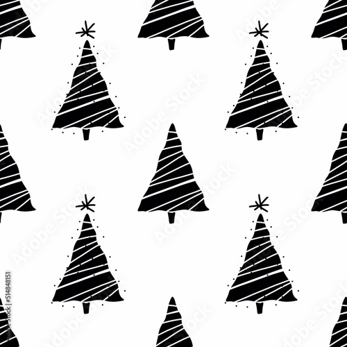 Christmas endless pattern. Black Christmas trees on a white background.