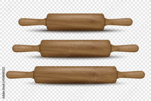 Vector 3d Realistic Textured Dark Brown Wooden Rolling Pin Icon Set Isolated. Kitchen Dough Roller, Design Template of Dough Rolling Pin for Bakery. Different Size. Front, Side View