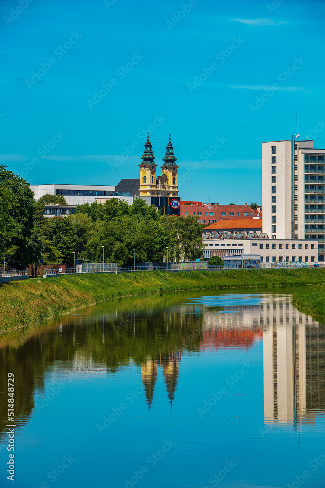 View of the Slovak city of Nitra. View of the Catholic castle and the Nitra river.