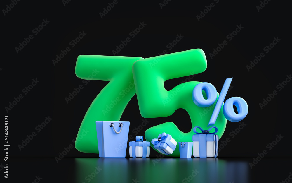 mega sell offer 75 percent discount with shopping bag and gift box on dark background 3d render mega sell offer 75 percent discount with shopping bag and gift box on dark background 3d render