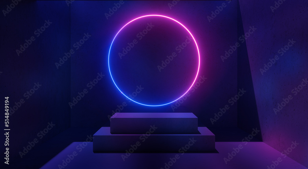 custom made wallpaper toronto digital3d render, abstract background with neon ring above the square pedestal inside the dark empty room. Minimalist futuristic wallpaper with empty podium for product presentation