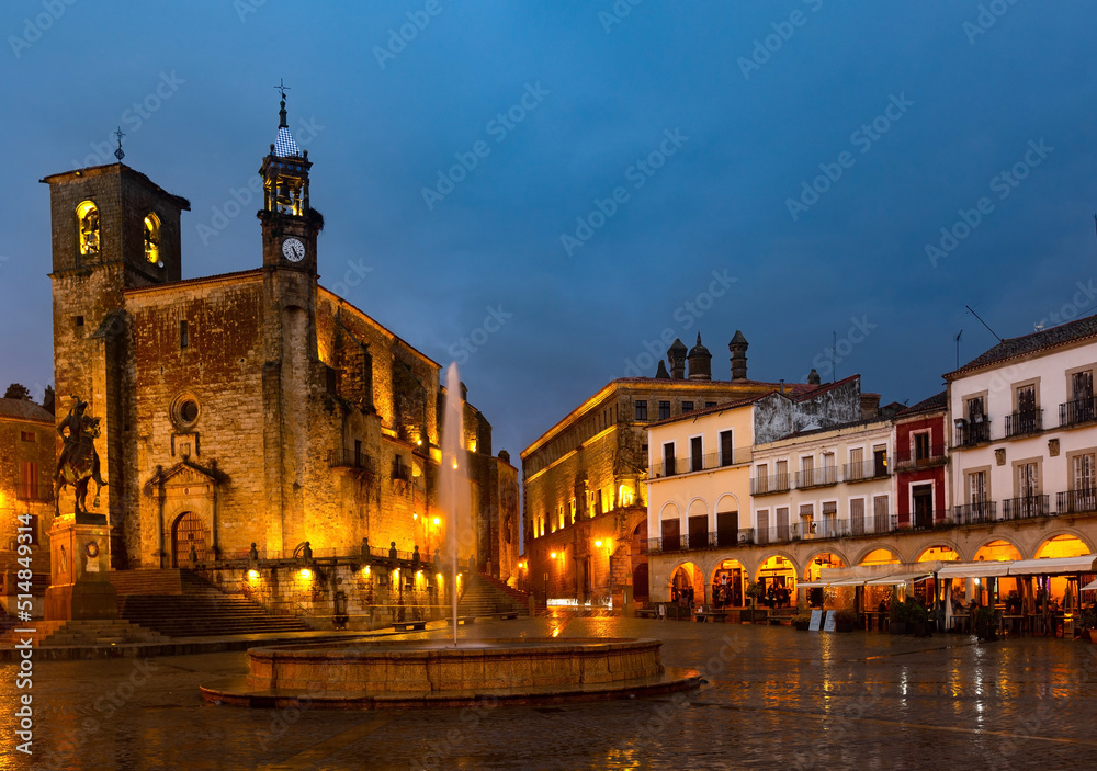 Central square of Trujillo, Plaza Mayor, at dusk. Province of Caceres, Spain.