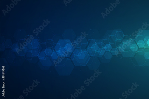 Hexagons pattern on blue background. Genetic research, molecular structure. Chemical engineering. Concept of innovation technology. Used for design healthcare, science and medicine background