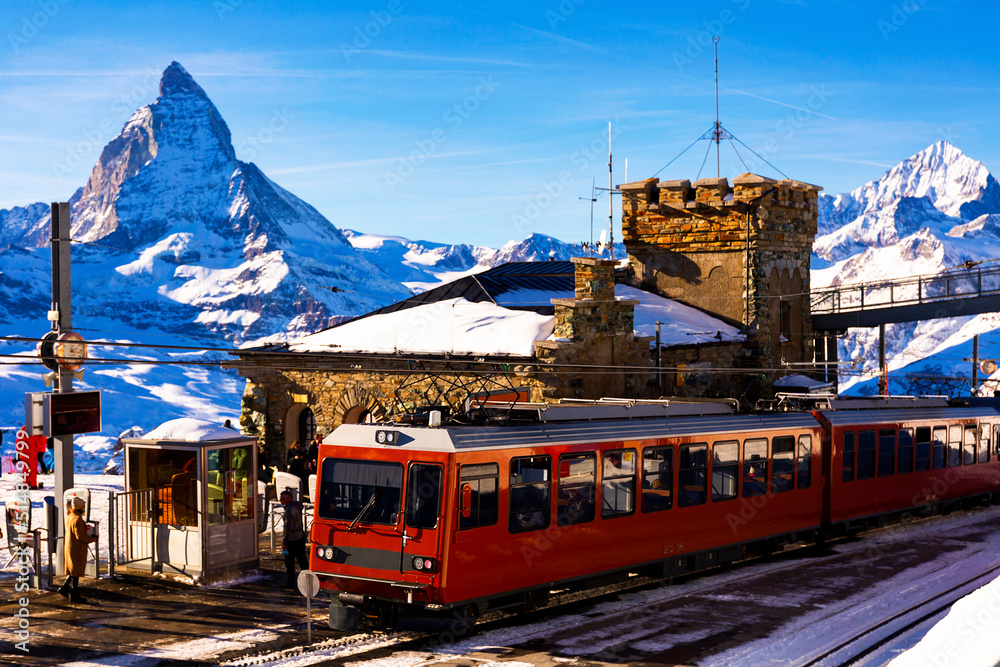 Railway station in Gornergrat, Switzerland. Matterhorn mountain visible in background.