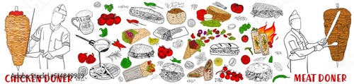 Hand drawn vector illustration. Shawarma cooking and ingredients for kebab. Doner kebab hand drawn. Fast food menu design elements. Restaurant cafe menu, template design. Vector.