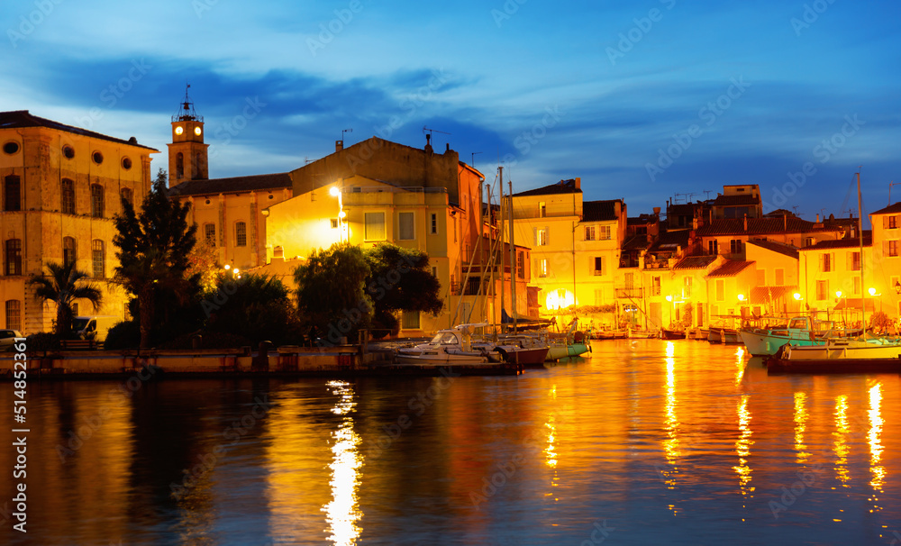 Night view of landscape of old town of Martigues on Mediterranean coast with scenic canals and marina in summer, Bouches-du-Rhone department, France