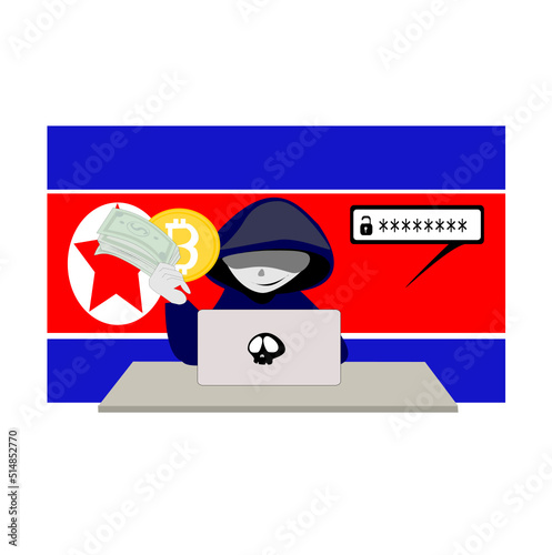 scammer cartoon character.Online crime concept . Swindler and a thief are working at the computer. Vector flat illustration isolated on white background.Bitcoin hacker, crypto theft 