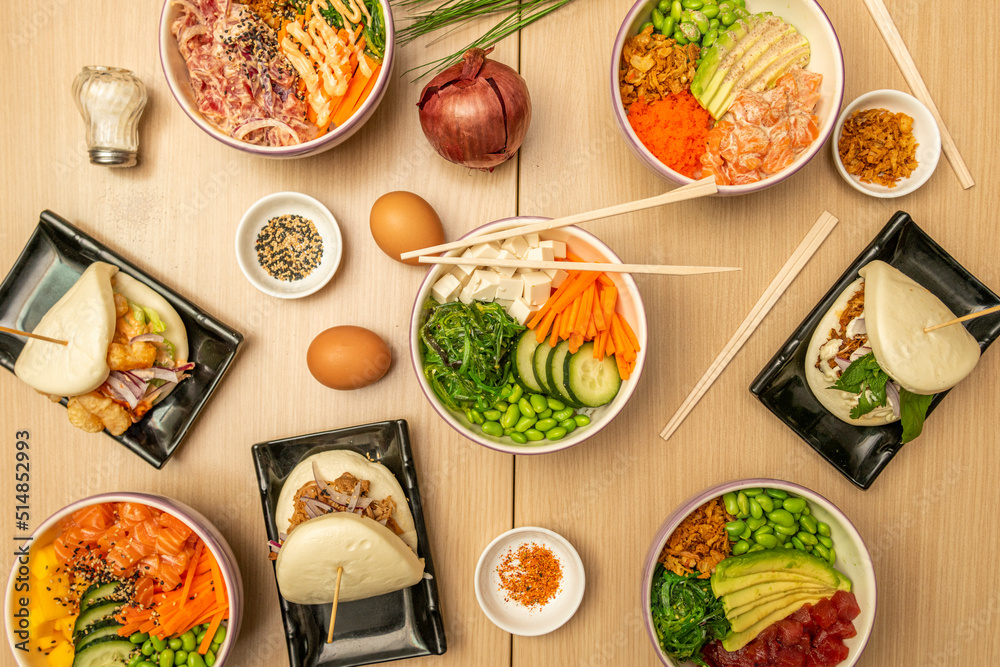 Hawaiianstyle poke bowl set with bluefin tuna, edamame beans, boiled