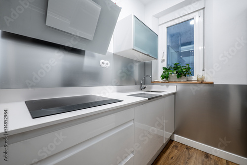 Kitchen corner with plain white cabinets, lots of anodized aluminum, and built-in appliances