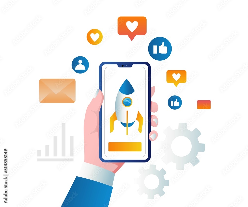 Rocket on smartphone with social media app Rocket on smartphone with social media app