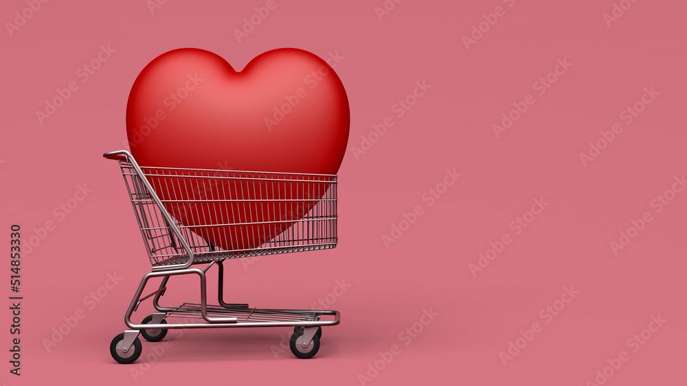 Giant heart in a grocery cart, isolated on pink background. Can buy me love concept. 3D illustration render. Giant heart in a grocery cart, isolated on pink background. Can buy me love concept. 3D illustration render.