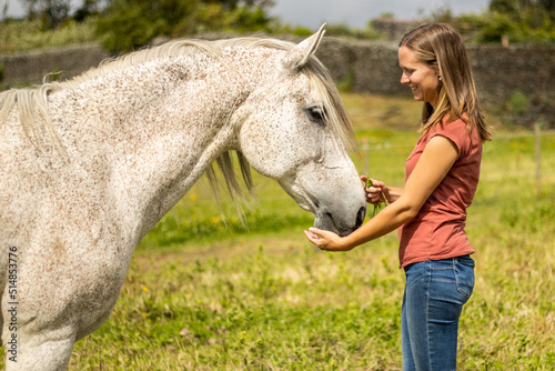 White Lusitano horse, friendship with woman, amazing connection. © Ayla Harbich
