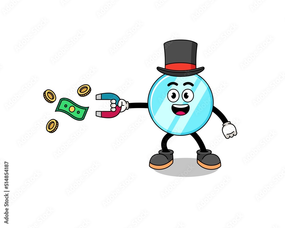 Character Illustration of mirror catching money with a magnet Character Illustration of mirror catching money with a magnet