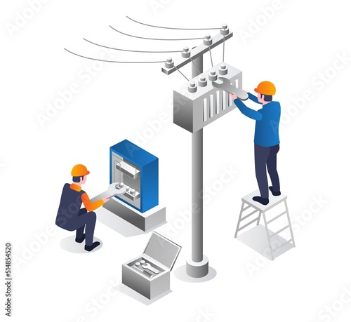 Isometric illustration concept of two men repairing an electrical panel
