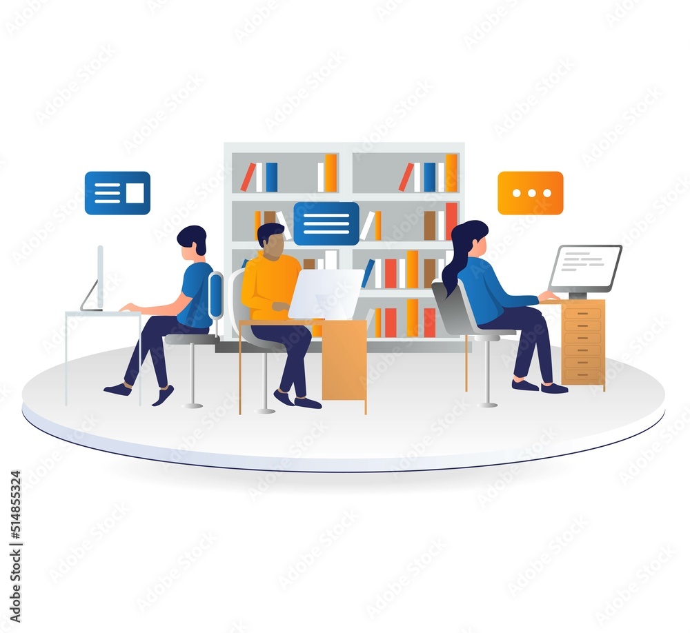 Flat concept illustration of an employee working in an office space Flat concept illustration of an employee working in an office space