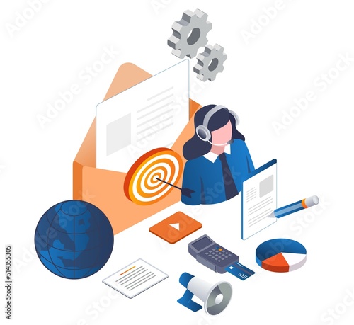 Isometric illustration concept of target digital marketing email customer service team