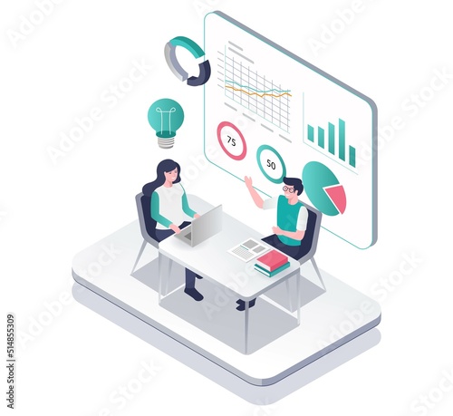 Isometric illustration concept of a couple analyzing business company data