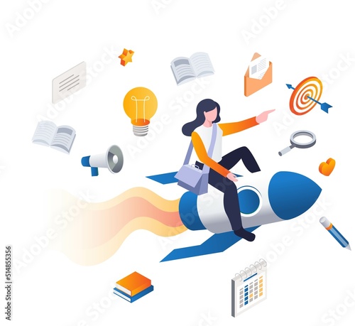 Concept illustration of isometric female student riding a rocket