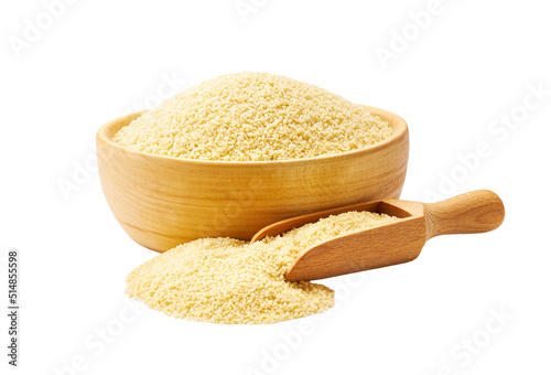 couscous in wooden scoop and bowl isolated on white background. photo