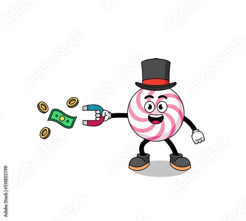 Character Illustration of lollipop spiral catching money with a magnet