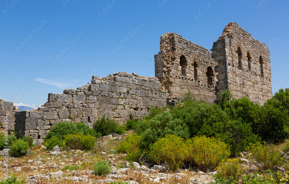 Picturesque view of ruins of Byzantine-era Sillyon fortress and city, southern Turkiye