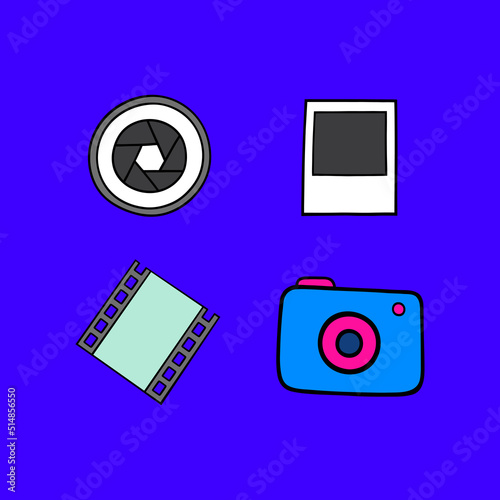 Set of elements on the subject of photography. Bright vector illustration.