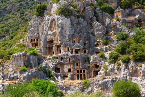 Lycian rock tombs in Myra ancient city of Antalya in Turkey photo