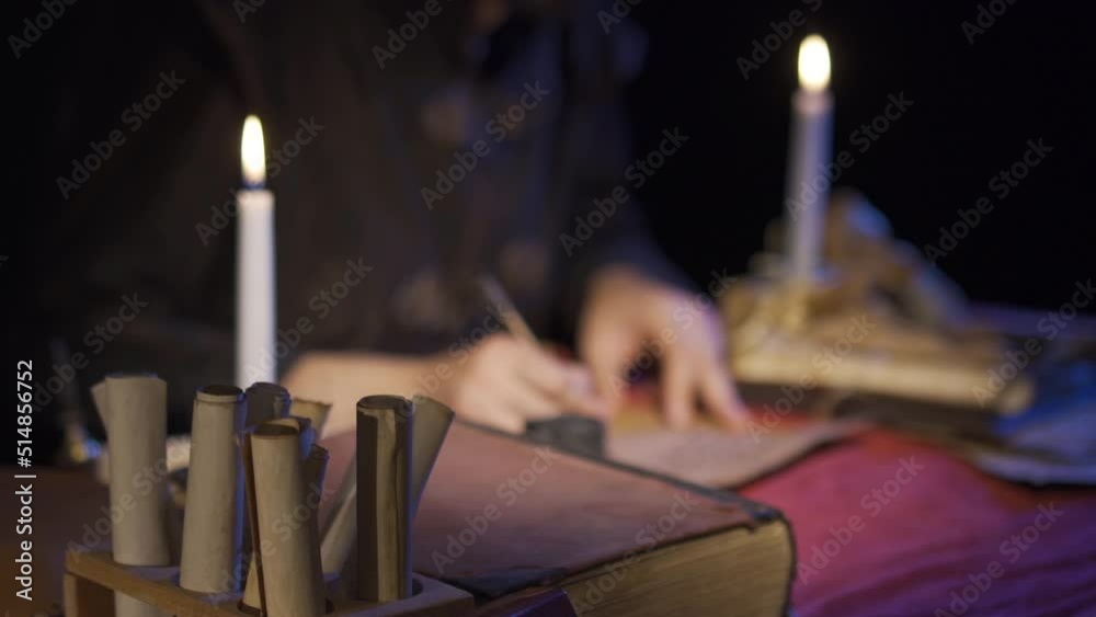 Letter writing in ancient historical place.
Historical letter writing under candlelight. Correspondence in historical space.
