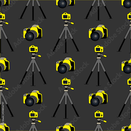 Bright seamless illustration with photo cameras on a tripod. Vector drawing.