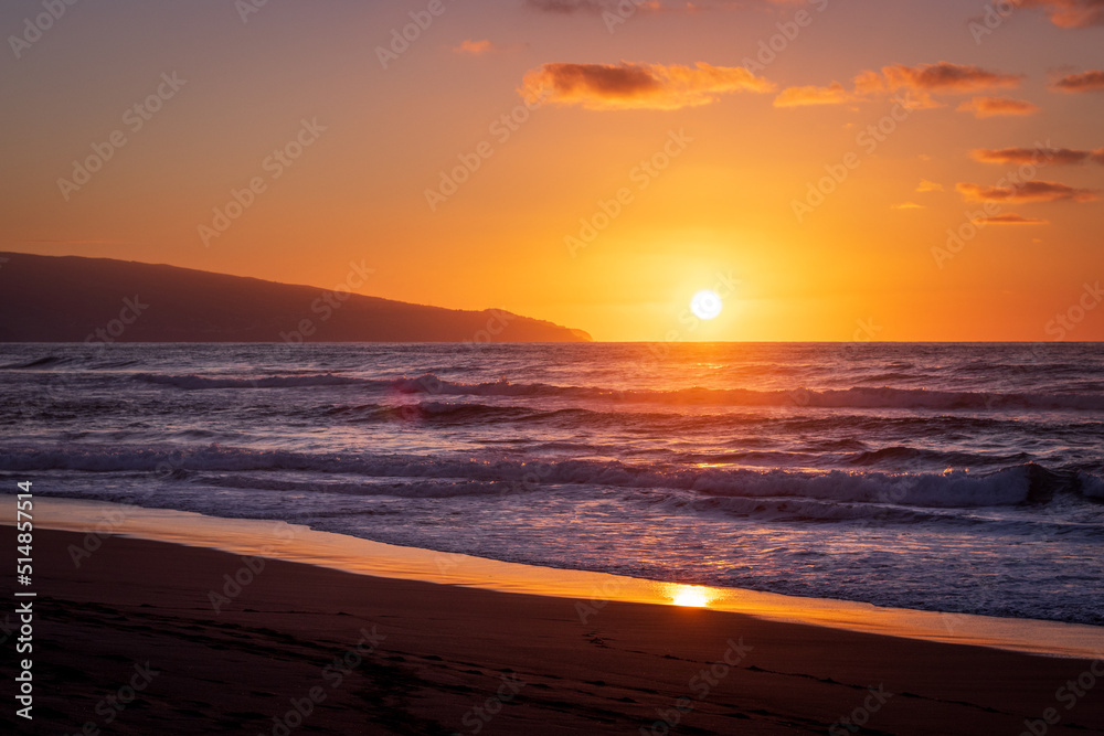 Sunset at beach, Sao Miguel island, Azores, Portugal vacation.