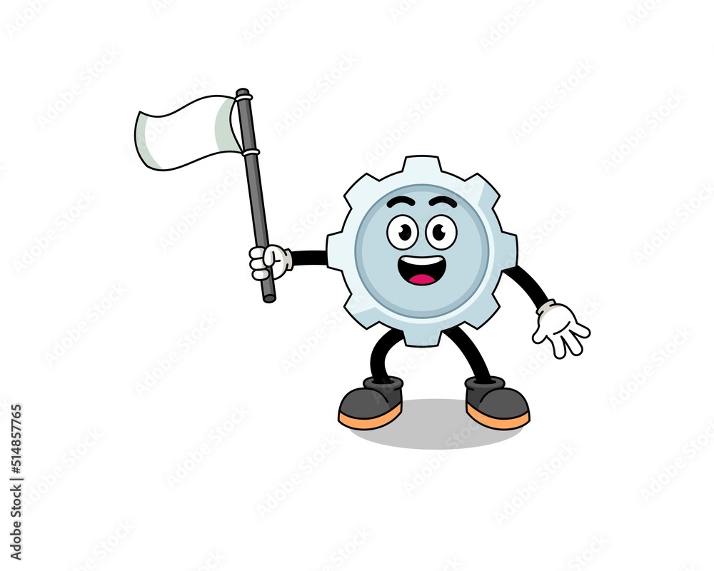 Cartoon Illustration of gear holding a white flag Cartoon Illustration of gear holding a white flag