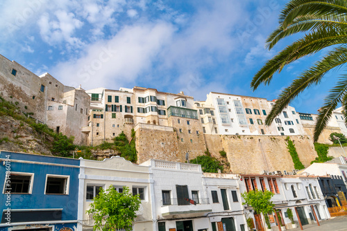 The outer walls of the historic hilltop town of Mahon or Mao, Spain, on the Mediterranean Balearic island of Menorca.
