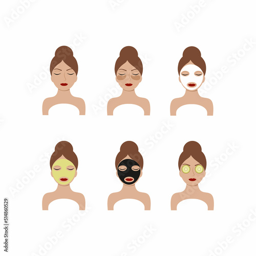 A young and beautiful woman looks after and cares for the skin of her face. A set of icons with different actions. Nutrition and body care and . Vector illustration on the theme of beauty and fashion
