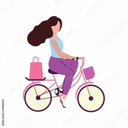 A beautiful young woman rides a Bicycle with shopping from a store. Package with food and food. Vector flat cartoon illustration. Logo of a sports store, Cycling, or gym.