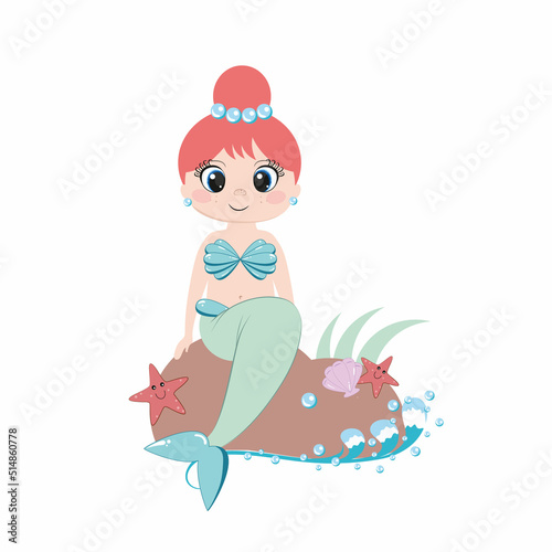 A mermaid with a beautiful hairstyle and jewelry is sitting on a stone on the beach. Sea stars  shells and the ocean. Children s illustration for girls. Design of posters  postcards  books