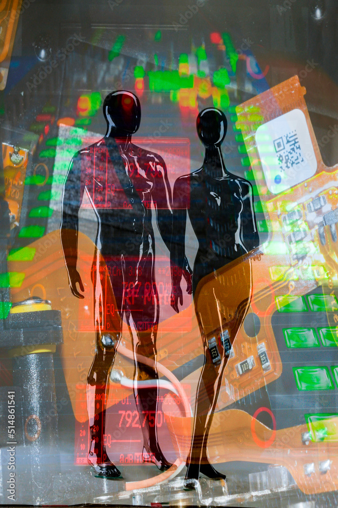 Robot Man And Robot Woman On A Futuristic Background In Full Growth Robot Man And Robot Woman On A Futuristic Background In Full Growth