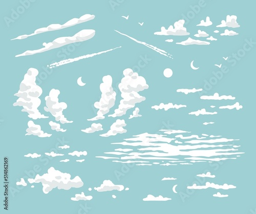 Clouds of various shapes. Kinds of cloudy sky. Elements for nature outdoor camping design