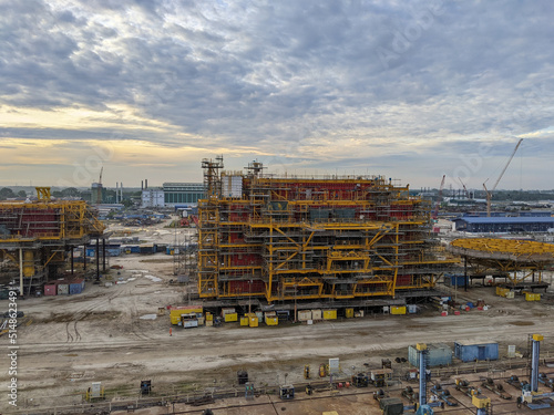 View of the construction site of the oil rig structure.