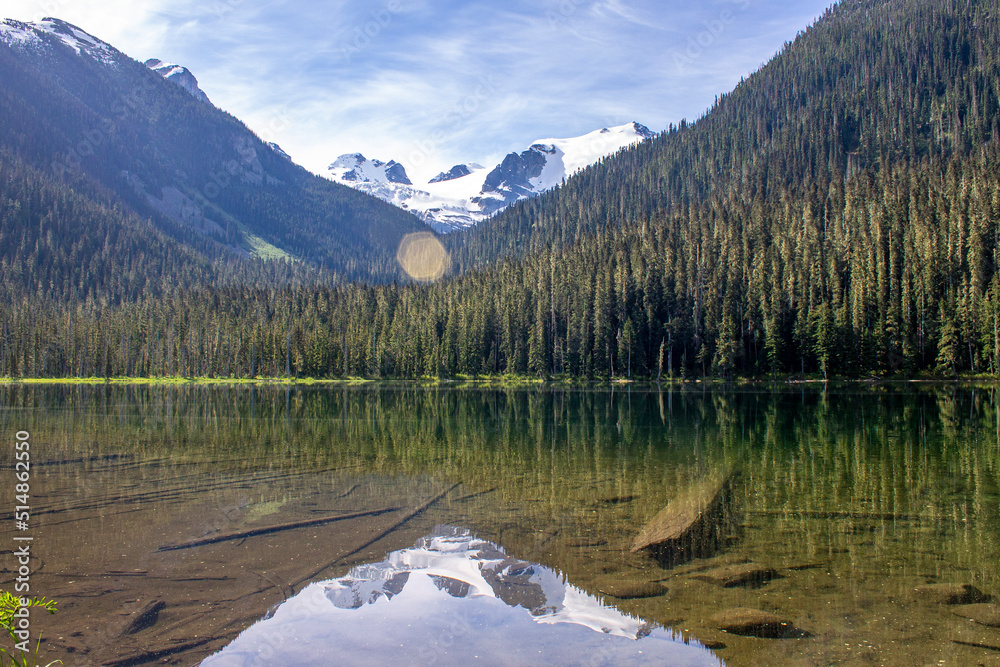 Lake with reflection of a forest and snowy mountains in Joffre Lakes, BC, Canada
