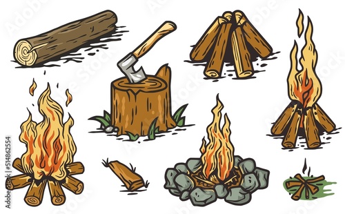 Campfire or bonfire outdoor for camping adventure. Stump with an ax. Nature outdoor recreation, forest explore