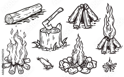 Campfire or bonfire outdoor for camping adventure. Stump with an ax. Nature outdoor recreation, forest explore